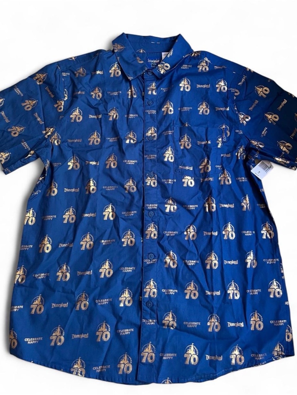 Disney Men's Blue Short-Sleeve Button-Down Gold 70th Anniversary Print Medium